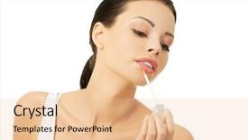  Presentation with blush brushes lip gloss - Colorful presentation design enhanced with woman putting on lip gloss backdrop and a  colored foreground