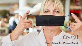  Presentation with infection prevention - PPT layouts enhanced with woman-putting-on-mask background and a lemonade colored foreground