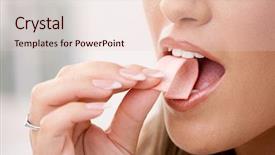  Presentation with chewing gum - PPT theme having woman putting pink chewing gum background and a lemonade colored foreground