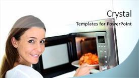  Presentation with woman - Amazing slide deck having woman putting plate in microwave backdrop and a white colored foreground