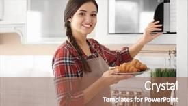  Presentation with croissant - Audience pleasing slides consisting of woman putting plate with croissants backdrop and a violet colored foreground