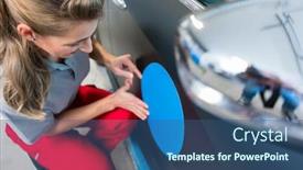  Presentation with company - Slide set featuring promotional sticker with company slogan background and a ocean colored foreground