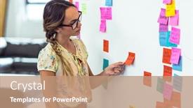  Presentation with sticky notes - Amazing presentation theme having woman putting sticky notes on whiteboard in office backdrop and a coral colored foreground