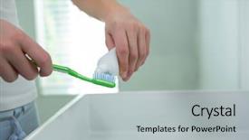  Presentation with toothpaste - Beautiful presentation design featuring woman putting toothpaste on brush backdrop and a light gray colored foreground