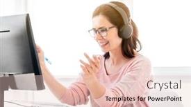  Presentation with distance learning - PPT theme featuring woman-raising-hand-during-distance background and a lemonade colored foreground