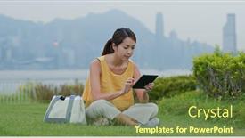  Presentation with park - Audience pleasing PPT theme consisting of woman-read-on-ebook backdrop and a tawny brown colored foreground