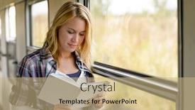 Presentation with commuter - Beautiful presentation theme featuring woman reading a book by train window traveling vacation commuter backdrop and a coral colored foreground