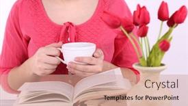  Presentation with coffee book - Amazing PPT theme having woman-reading-book-and-drink backdrop and a coral colored foreground