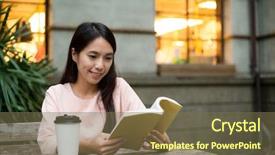  Presentation with coffee book - Amazing presentation theme having woman reading book at outdoor coffee shop backdrop and a violet colored foreground