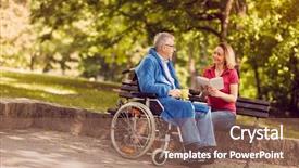  Presentation with carer - Beautiful presentation theme featuring homecare medical center - young carer woman reading book backdrop and a coral colored foreground