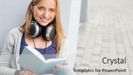  Presentation with music school - Presentation design with woman reading book outside background and a  colored foreground