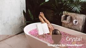  Presentation with tub - Audience pleasing PPT theme consisting of woman-reading-book-while-relaxing backdrop and a coral colored foreground