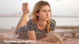  Presentation with romantic beach - Theme enhanced with woman reading book on the beach near the sea romantic girl dreaming and reading woman on vacation background and a coral colored foreground