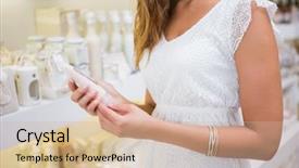  Presentation with beauty salon - Amazing slide set having woman reading ingredients backdrop and a soft green colored foreground