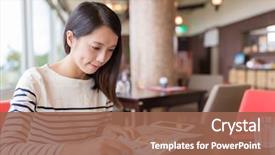  Presentation with reading and writing - PPT layouts featuring woman reading magazine in cafe background and a violet colored foreground