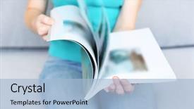  Presentation with reading - Beautiful PPT theme featuring woman reading magazine on sofa backdrop and a light blue colored foreground