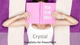 Presentation with new years - Colorful presentation design enhanced with woman-reading-new-years-goals backdrop and a sky blue colored foreground