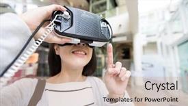  Presentation with virtual reality meeting - Audience pleasing PPT theme consisting of woman reading on virtual reality backdrop and a  colored foreground