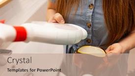  Presentation with products supermarket - Slide deck having woman-reads-the-composition background and a coral colored foreground