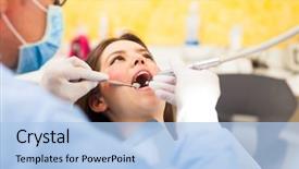  Presentation with treatment - Beautiful PPT theme featuring woman receiving a dental treatment backdrop and a light blue colored foreground