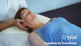  Presentation with physiotherapist - Colorful presentation theme enhanced with black eye injury - woman receiving head massage backdrop and a teal colored foreground