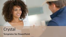  Presentation with race - PPT layouts enhanced with woman receiving package from delivery background and a coral colored foreground