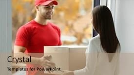  Presentation with labor and delivery - Beautiful PPT theme featuring woman receiving parcel from delivery backdrop and a coral colored foreground