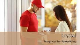  Presentation with young man and a woman - Amazing theme having woman receiving parcel from delivery backdrop and a coral colored foreground