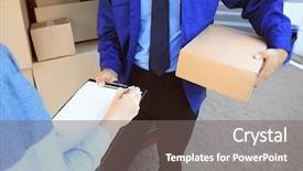  Presentation with man and woman - PPT layouts having woman receiving parcel from delivery background and a gray colored foreground