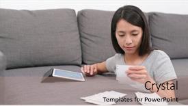  Presentation with record - Presentation design enhanced with woman record the daily expense background and a coral colored foreground