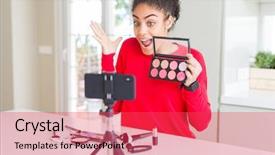  Presentation with influencer - Audience pleasing PPT theme consisting of woman recording make up tutorial backdrop and a red colored foreground