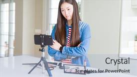  Presentation with influencer - Presentation theme consisting of woman recording make up tutorial background and a light blue colored foreground