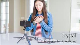  Presentation with influencer - Beautiful presentation theme featuring woman recording make up tutorial backdrop and a light blue colored foreground