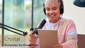  Presentation with recording studio - Presentation consisting of woman-recording-podcast-or-broadcasting background and a coral colored foreground