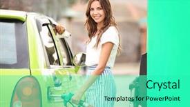  Presentation with petrol station - Theme having woman refueling car on petrol background and a cyan colored foreground