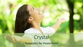  Presentation with praise - Cool new PPT theme with woman rejoicing in a spring backdrop and a mint green colored foreground