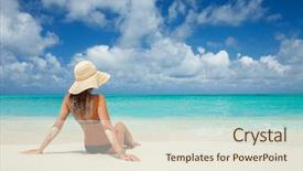  Presentation with blue crystal - Presentation consisting of woman relax on the beach background and a sky blue colored foreground