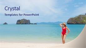  Presentation with crystal blue - Beautiful slide deck featuring woman relax on the sea backdrop and a  colored foreground