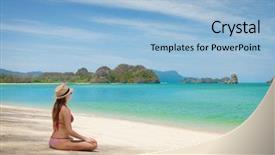  Presentation with crystal blue - Beautiful PPT theme featuring woman relax on the sea backdrop and a  colored foreground