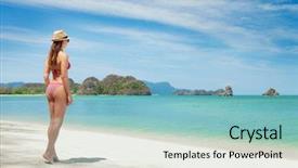  Presentation with crystal blue - Colorful presentation design enhanced with woman relax on the sea backdrop and a  colored foreground