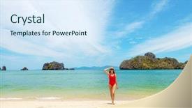  Presentation with crystal blue - Beautiful PPT layouts featuring woman relax on the sea backdrop and a  colored foreground