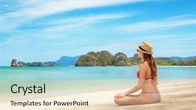  Presentation with crystal blue - PPT layouts having woman relax on the sea background and a  colored foreground
