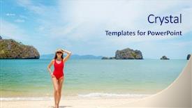  Presentation with blue crystal - Cool new slide deck with woman relax on the sea backdrop and a  colored foreground