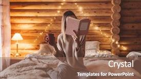  Presentation with cabin - Slides featuring woman relaxing and reading book background and a violet colored foreground