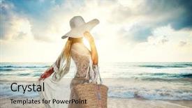  Presentation with classy - Audience pleasing PPT layouts consisting of woman relaxing by the beach backdrop and a coral colored foreground