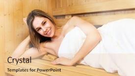 Presentation with relaxing - Beautiful PPT theme featuring woman relaxing in a sauna backdrop and a  colored foreground