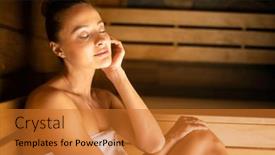  Presentation with wellness - PPT theme featuring woman-relaxing-in-a-sauna background and a gold colored foreground