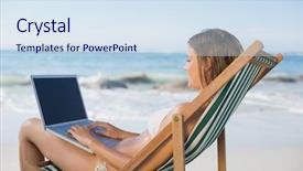  Presentation with relaxing - Beautiful presentation theme featuring woman relaxing in deck chair on the beach using laptop on a sunny day backdrop and a sky blue colored foreground