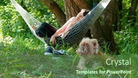  Presentation with dream - Colorful slides enhanced with woman relaxing in the hammock in a wood dog guards her dream focus to dog backdrop and a tawny brown colored foreground