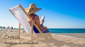  Presentation with relaxing - Audience pleasing presentation theme consisting of woman-relaxing-on-beach-reading backdrop and a coral colored foreground